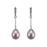 14k Gold Diamond Journey Bail w. Natural Lavender 7.5-8mm Cultured Drop Pearl Dangle Earrings - by Dahlia Classic Jewelry Collection