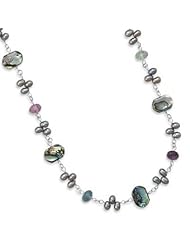 15.5"+1.5"Extension Necklace with Cultured Freshwater Pearl, Abalone and Fluorite