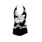Marina West Two Piece Boyshorts Tankini Swimsuit Tropical Floral Print, Black & Cream, S-xxl