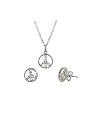 Petite Sterling Silver CZ Peace Sign Pendant and Matching Stud Earrings