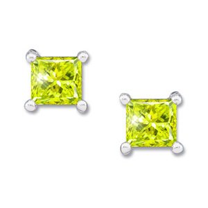 Princess Cut Platinum Stud Earrings with Greenish-Yellow Diamond 2 carats each Princess cut