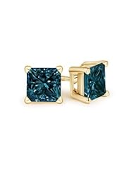 2 ct Enhanced Solitaire Blue Diamond Stud Earrings in Yellow Gold Quality Better