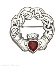 Sterling Silver Garnet Claddagh Brooch Pin