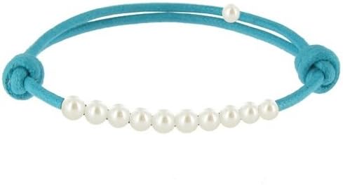 Les Poulettes Jewels - Cultured Freshwater Pearl Bracelet - Number 10 - White Pearls 4-5 mm on Waxed Cord - Turquoise Color