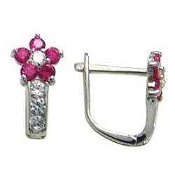14K White Gold Dark Pink and Clear Cubic Zirconia Flower Earrings