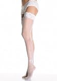 Sheer Thigh High Nylon Stocking with Woven Bows and Floral Pattern, and Lace Top