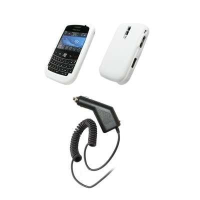 Premium White Soft Silicone Gel Skin Cover Case + Rapid Car Charger for RIM BlackBerry Bold 9000 [Accessory Export Packaging]
