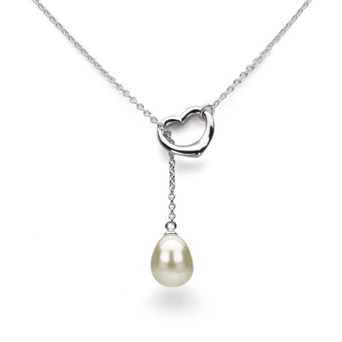 Sterling Silver Open Heart Shape with 9x11mm Cultured Pearl Chain Pendant Necklace, 21
