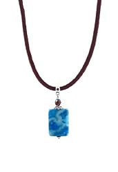Necklace - N7 - Genuine Blue Lace Agate Semi Precious Gemstone and Fire-Polished Glass Bead hung on Brown Velvety Flock Cord + 2" Extension Chain ~ Rectangle