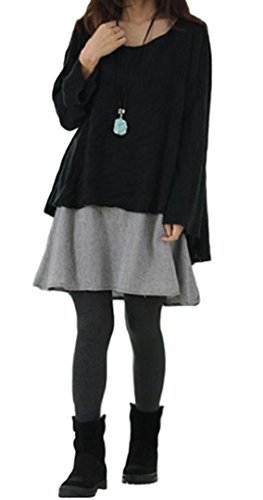 (モノア) Monoa かわいい バイカラー 重ね着 風 Aライン 長袖 千鳥格子 ワンピース レディース カジュアル ひざ 丈 チェック ワンピ / グレー ブラック (2 カラー )