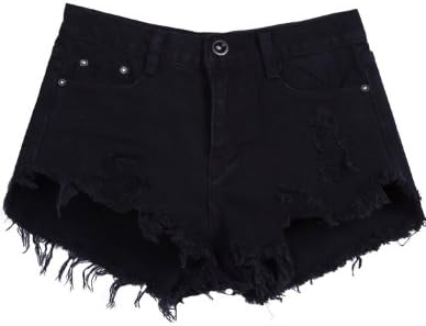 TM Vintage Denim High Waist Black Buttons Ripped Fringe Denim Shorts Pants