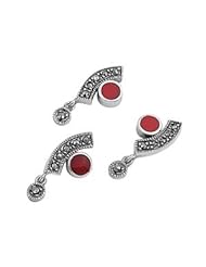Sterling Silver Carnelian CZ Irregular Fancy Marcasite Earring Pendant Set