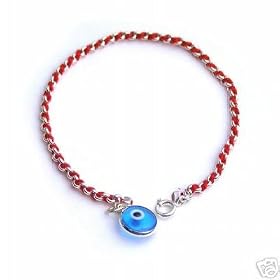 KABBALAH RED STRING BRACELET STERLING SILVER WITH BLUE LUCKY EYE (Evil Eye)