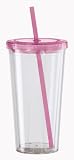 Oggi 20-Ounce Double Walled Tumbler with Drinking Straw, Clear with Pink Lid
