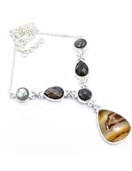 Sterling Silver Botswana Agate, Labradorite, Smoky Topaz Y-shape Necklace