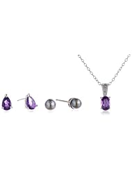Sterling Silver, African Amethyst and Gray Chinese Freshwater Cultured Pearl (4.5-5mm) Earrings and Pendant Necklace (18") Jewelry Set