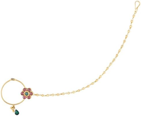 Sri Shringarr Women's Gold Finish With Rhodolite, Emerald Kundan Nose Ring