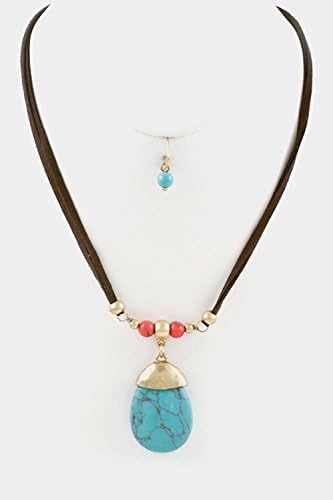 GlitZ Finery Cord with Gem Stone Pendant Necklace Set (Turquoise/Coral)