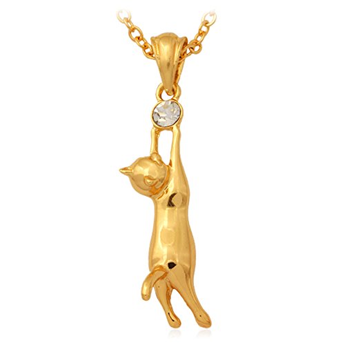 U7 Girl's Kitty Cat Pendant Rinestone Yellow Gold Plated Pendant Necklace for Women