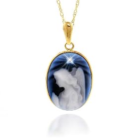 10K Diamond Accented Guardian Angel Cameo Pendant w/ Chain