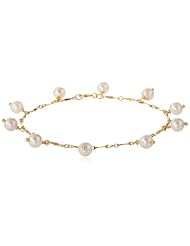 White Freshwater Cultured Pearl Dangles on Gold over Silver Long Linked Chain Bracelet, 7.5"