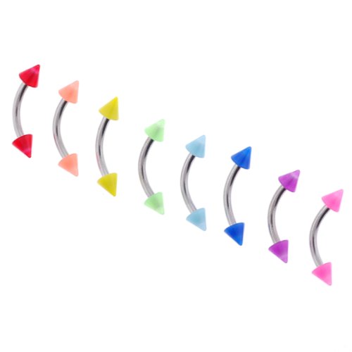 Multi-Color Eyebrow with 3mm Spikes - 16G, 5/16'' (8mm) - Sold as a Set of 6 Assorted Colors