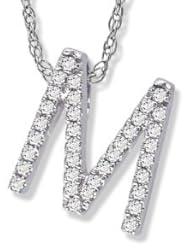 14K White Gold Diamond "M" Initial Pendant, 16" Necklace