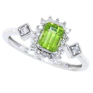 Buy 0.54ct Emerald Cut Peridot and Diamond Gemstone Ring in 10Kt White Gold by MyTreasurez