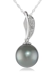 14k White Gold 9.0-9.5mm Tahitian Cultured Pearl Pendant Necklace, (0.05 cttw, G-H Color, I1-I2 Clarity), 17"