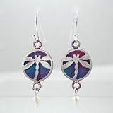 Round Dragonfly Dangle Earrings with Pearl Gemstone Beads in Sterling Silver with Patina Finish, #9147