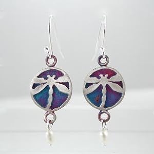 Round Dragonfly Dangle Earrings with Pearl Gemstone Beads in Sterling Silver with Patina Finish, #9147