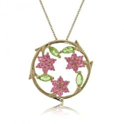 Pink Sapphire & Peridot Flower Vine Pendant in Yellow Gold
