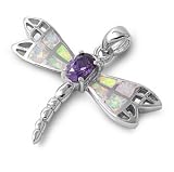 Sterling Silver Dragonfly Pendant with Pink Lab Opal and Lavendar CZ - Height: 26mm