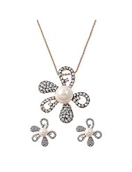 32mm FLOWER Design White Mother Pearl Stone Rose Gold Tone Sterling Silver CZ Pendant/Chain/Earring COMBO Set