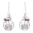 Round Raised Lotus Flower Dangle Earrings in Sterling Silver with Beads of Garnet, #8180