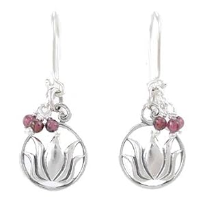 Round Raised Lotus Flower Dangle Earrings in Sterling Silver with Garnet Gemstone Beads, #8180