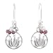 Round Raised Lotus Flower Dangle Earrings in Sterling Silver with Garnet Gemstone Beads, #8180