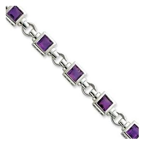 Sterling Silver Square Amethyst Bracelet - 7.25 Inch - Lobster Claw by