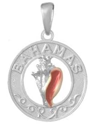 Sterling Silver Charm Bahamas On Round Frame Enamel Conch Shell