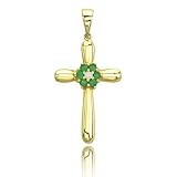 .02 carat Round Diamond .15 ct Emerald 14K Yellow Gold Cross Charm Pendant