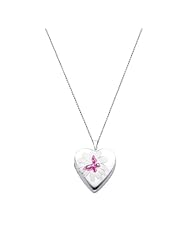 Sterling Silver Pink Enamel Butterfly Engraved Heart Locket Pendant (0.8" or 20mm Height) with 1.0mm Rolo Cable Chain - 20" Inches