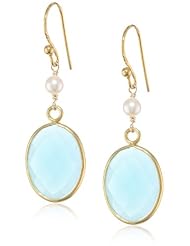 Faceted Gemstone Oval Shape Bezel with White Freshwater Cultured Pearl and Gold over Silver Ear Wire Drop Earrings