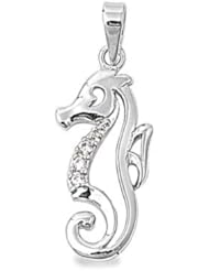 Sterling Silver Seahorse Clear CZ Pendant Beautiful Cute Charm Pure 925 New 22mm with 1.3mm Curb Chain