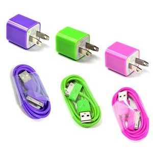 NukePak Set of 3 Hot Pink/Purple/Green Wall AC Charger & 3FT USB Sync Data Cable for iPhone or iPod + Free NukePak Cable Tie