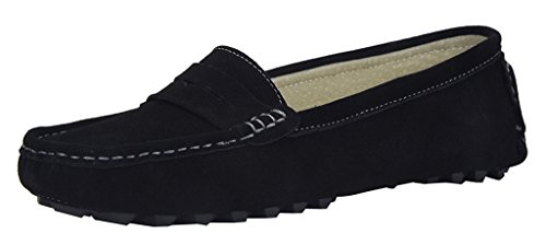 V.J Women's Classic Driving Moccasins Penny Loafers Black Suede Leather Dress Sandals 8 M US"