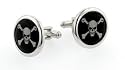 Imaginative larger sized silver plated photostone cufflinks with the skull and crossbone pirate flag image. Presentation boxed. Made in the U.S.A
