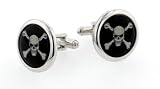 Imaginative larger sized silver plated photostone cufflinks with the skull and crossbone pirate flag image. Presentation boxed. Made in the U.S.A