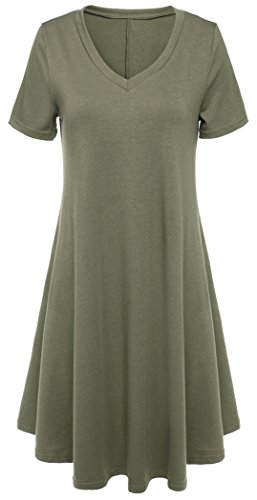 Halife Women's Casual Solid Loose Fit V-neck T-shirt Tunic Dress with Sleeves
