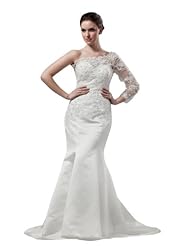 Mermaid Spring Fall Satin Beaded Lace Applique Asymmetric  Dress with a Court Train 