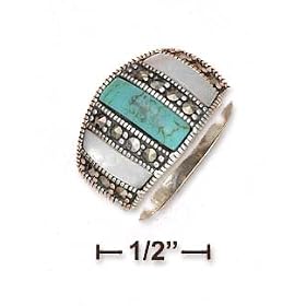 Sterling Silver Turquoise Mop Marcasite Dividers Dome Ring - Size 6.0